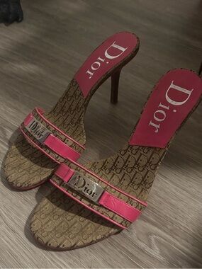 Dior Brown Monogram Heeled Slide Sandals with Pink Accents